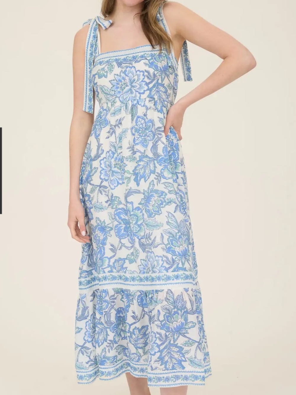 Blue Floral Border Trim Detail Tie Strap Midi Dress